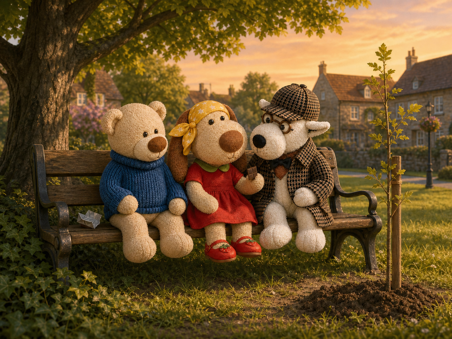 Toby, Tanya and their friend sitting together on a park bench
